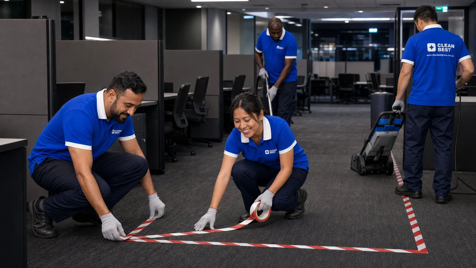 Clean Best technician running a hot-water extraction machine across office carpet at night in Norwest NSW