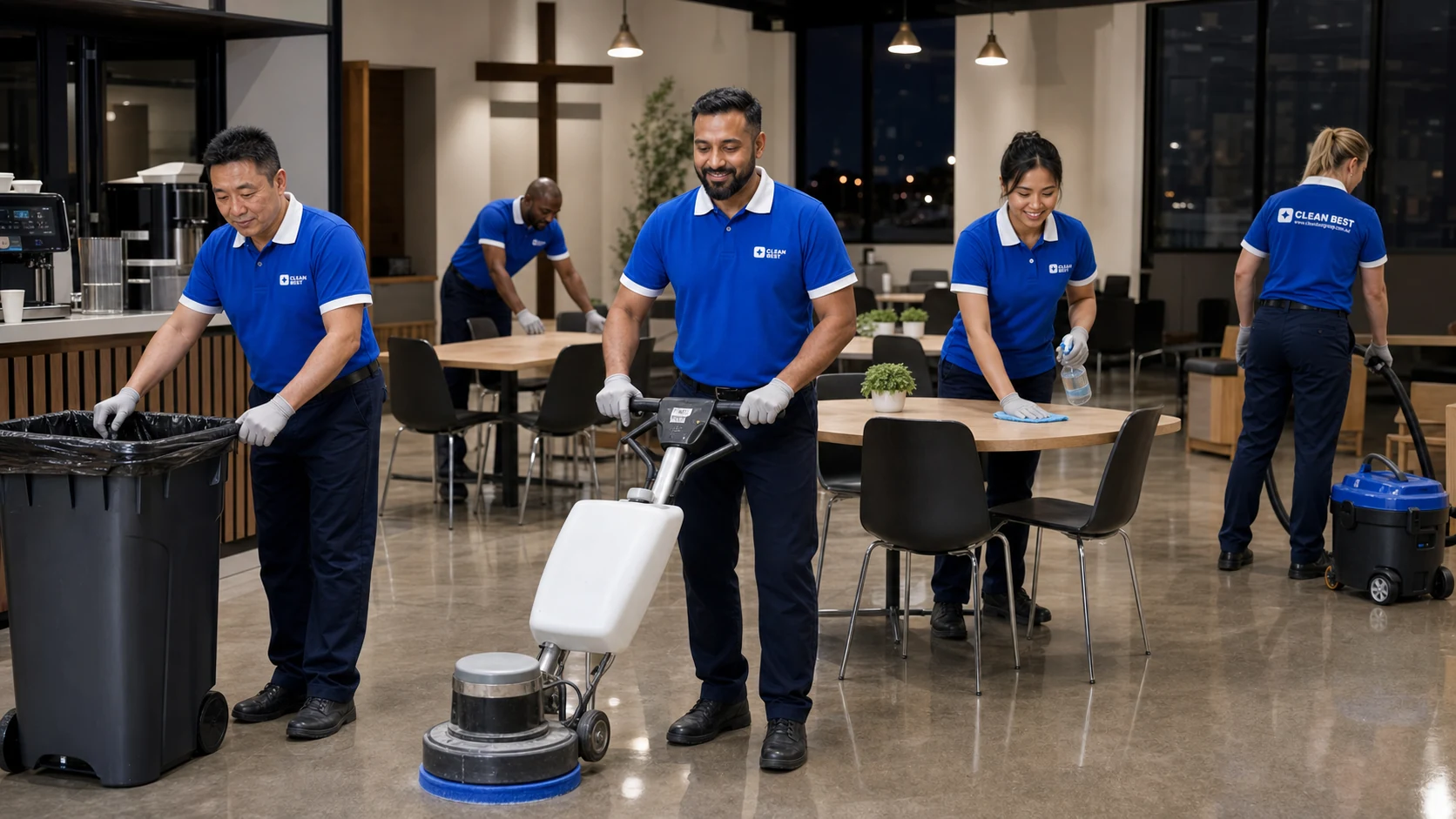 Clean Best cleaner vacuuming a modern worship auditorium in the evening in Norwest NSW