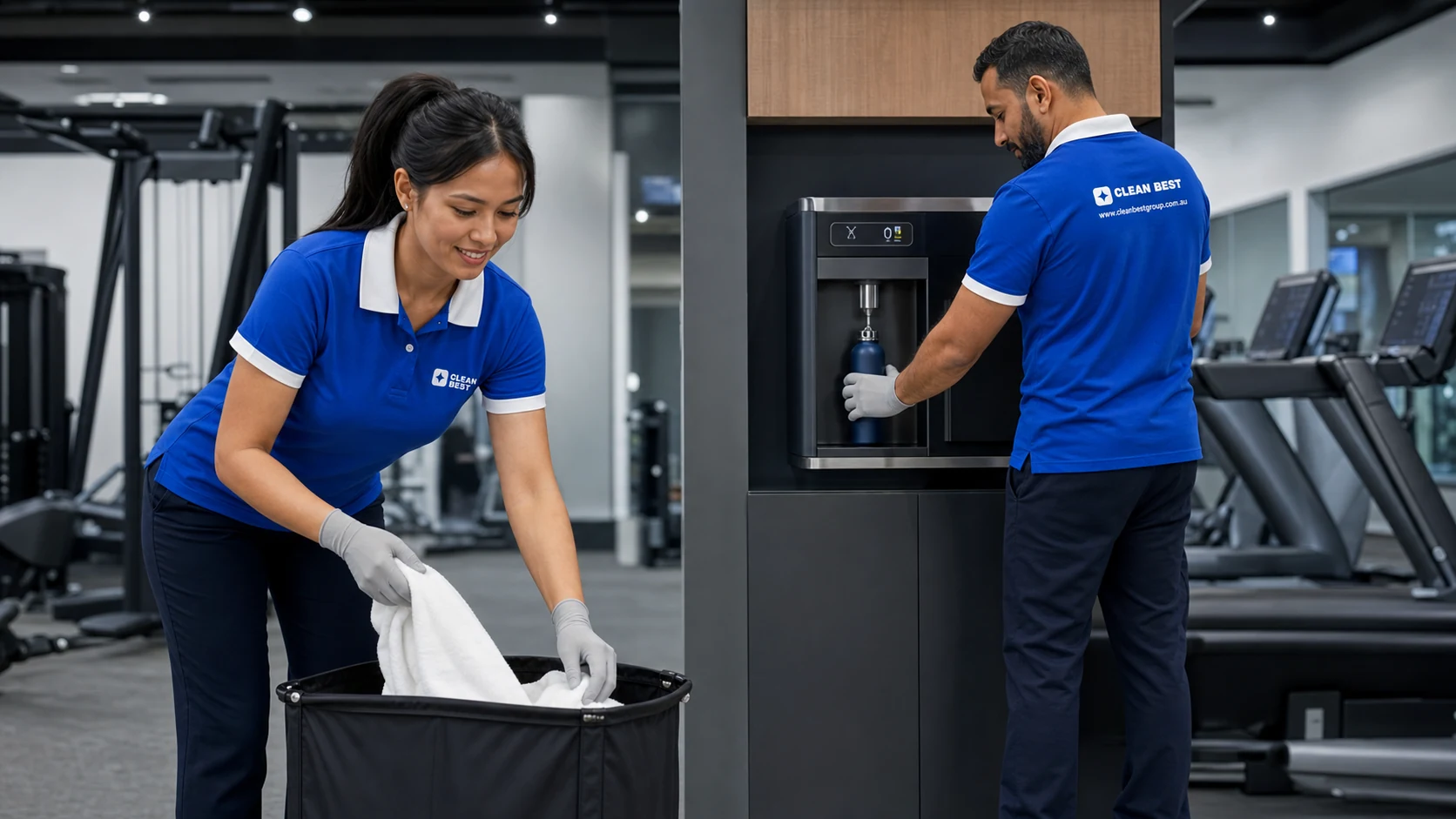 Clean Best cleaner wiping down equipment in a corporate gym after closing in Norwest NSW