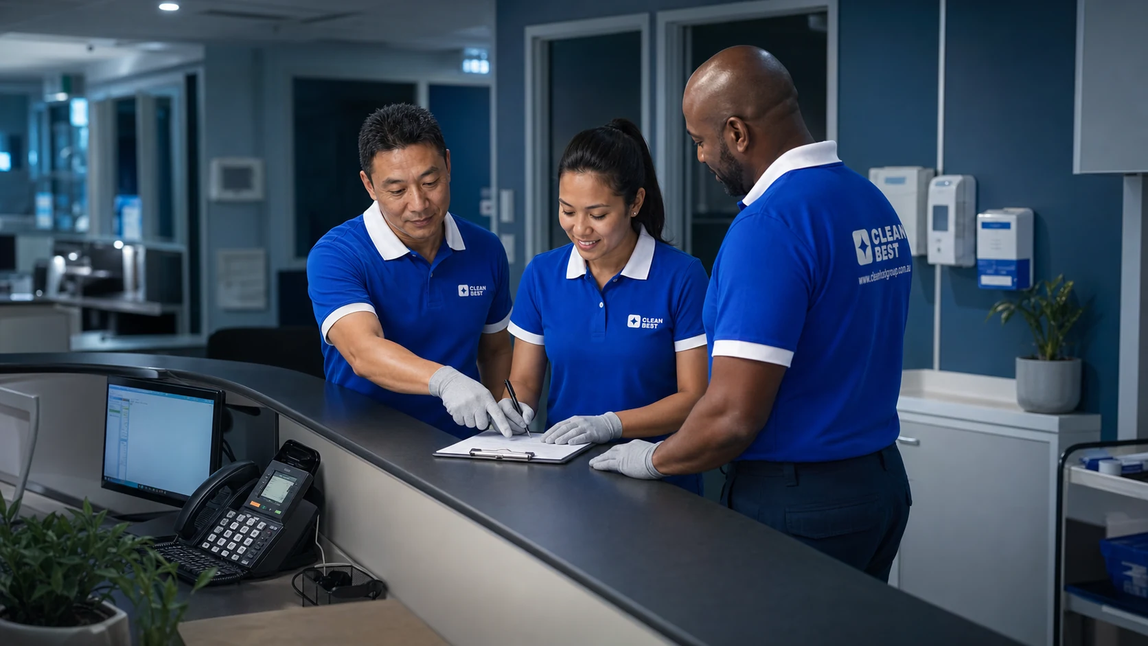 Clean Best cleaner disinfecting a specialist consulting room after close of business in Norwest NSW