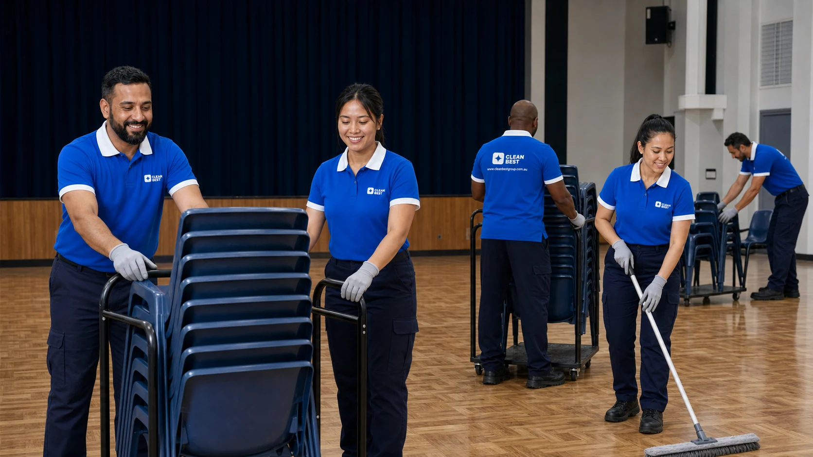 Clean Best cleaner mopping a school administration corridor in the evening in Norwest NSW